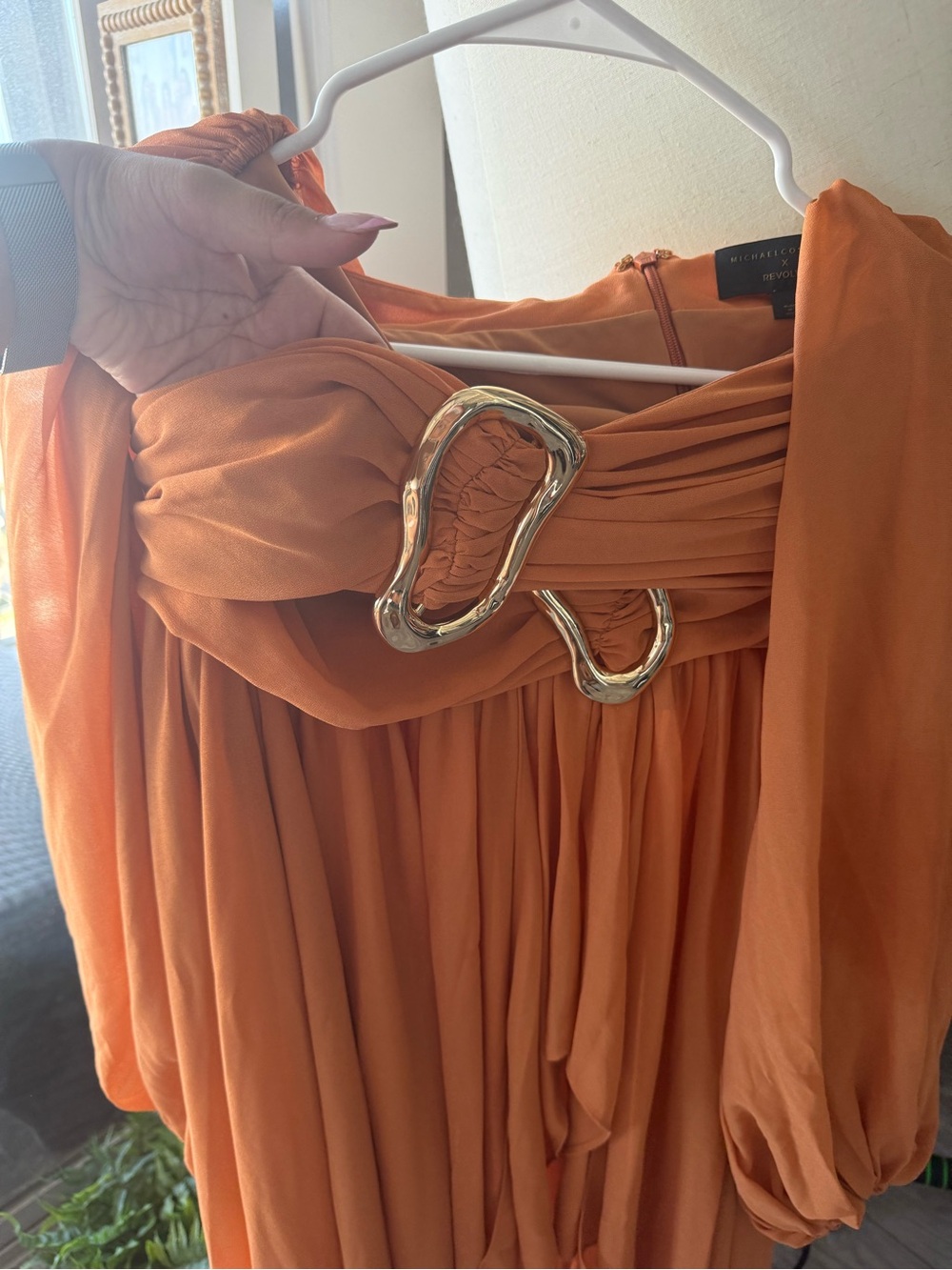 Michael Costello Orange One-Shoulder Gown with Sculptural Gold Accent